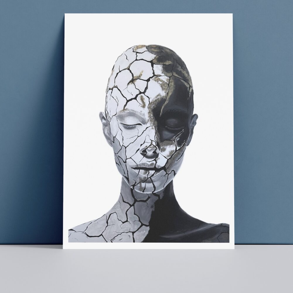 Das außergewöhnliche Portrait Broken aus der Serie Cracked der Oldenburger Künstlerin Sarina Rick im Postkartenformat DIN A6